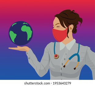 Save the earth, corona virus, medical personnel saving the earth with colorful back ground illustration