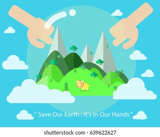 save the earth. cute sky, lion, mountain, nature in our hand. vector illustration.