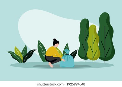 Save earth day flat illustration. Woman character throw trash to protect earth background.
