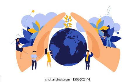 Save earth day vector concept illustration flat design. Modern people protection environment plant nature. Global nature planet business. Hand growth with globe world ecology. Clean leaf eco banner