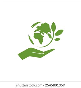 salvar o vetor ecológico da terra. conceito de ambiente de sustentabilidade com mão e globo folha logotipo vetor