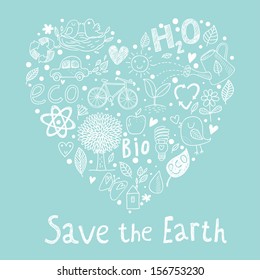 Save the earth. Ecology concept card in cartoon style. Romantic concept background made of bicycle, apple, atom, leafs, flowers and other bio symbols in vector