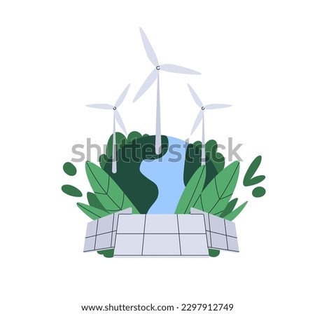 Save Earth, ecology, environment conservation concept. Green planet, sustainable development with renewable natural electricity energy sources. Flat vector illustration isolated on white background