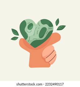 Cartel de Save Earth Ecology con mano en Globe. Proteger el concepto de la naturaleza del planeta. Afiche sobre el cuidado de la guardería
