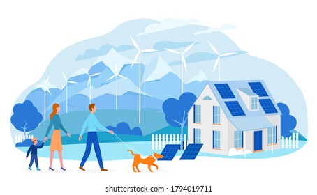 Save earth ecology technology vector illustration. Cartoon flat landscape with ecofriendly house, family people using eco solar panels, wind windmills for ecological renewable energy isolated on white