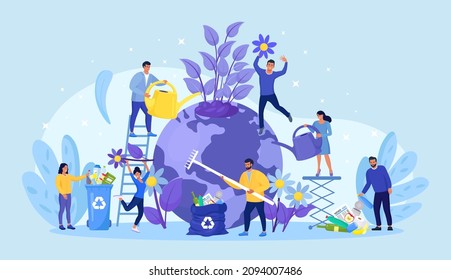 Save earth, ecology. Volunteers cleaning planet from garbage, planting flowers. People take care about world. Environmental protection from pollution. Use renewable resources for protect nature
