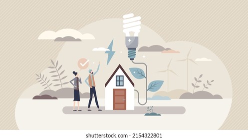 Save earth with energy saving at home and green power tiny person concept. LED lights usage for reduced electricity resource consumption for sustainable environment lifestyle vector illustration.