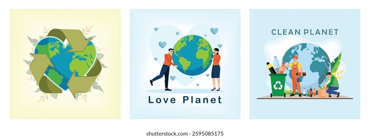 Save the earth and the environment. Earth Day concept. People holding a globe. People love and care about nature.  People recycle waste. Save the earth from trash. Set flat vector illustration.