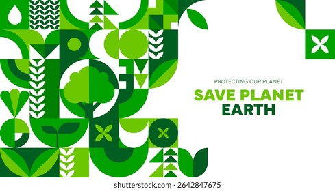 Save Earth environment ecology poster with green geometric pattern, vector banner. Save planet and protect earth poster for nature conservation and green ecology protection and biodiversity concept
