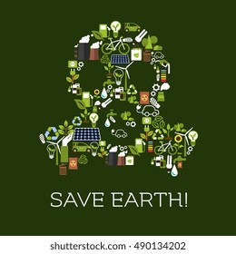 Save Earth. Environment protection symbol in shape of gas mask. Natural energy and electricity sources vector elements of leaf, water, wind, solar panel, plug, bicycle, garbage utilization bin