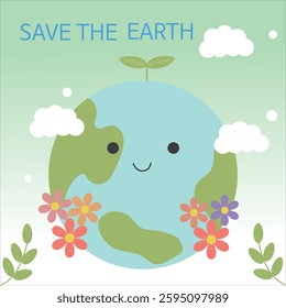 save the earth, environmental conservation (There are petals, clouds, and grass around the earth)