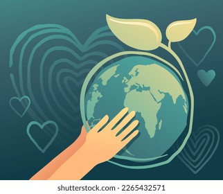 Save Earth - Environmental, Social and Corporate governance. Planet in hand with drawn hearts around