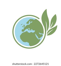 Save earth. Global ecology icon. Planet with green plant leaves growing illustration.