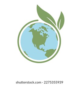 Save earth. Global ecology icon. Planet with green plant leaves growing illustration.