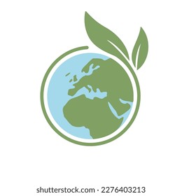Save earth. Global ecology icon. Planet with green plant leaves growing illustration.