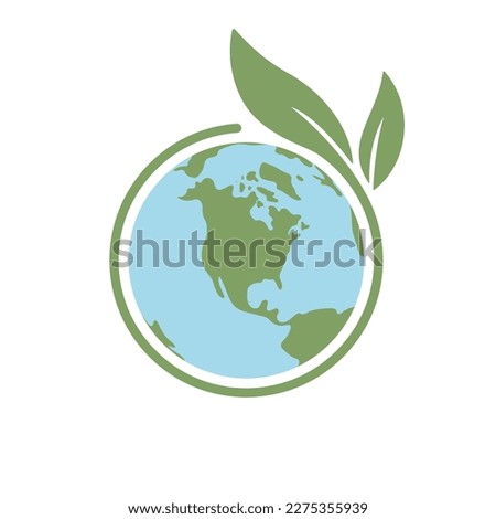 Save earth. Global ecology icon. Planet with green plant leaves growing illustration.