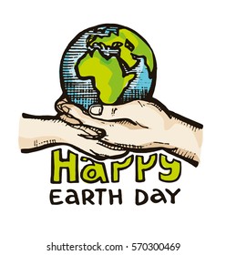 Save earth or go green earth symbol concept vector. Cartoon Vector Image of a Hands Holding Planet Earth. Doodle green illustration.