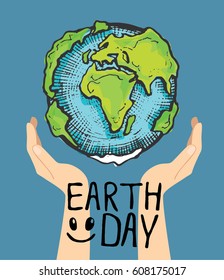 Save earth or go green earth symbol concept vector. Cartoon Vector Image of a Hands Holding Planet Earth. Doodle green illustration.