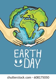Save earth or go green earth symbol concept vector. Cartoon Vector Image of a Hands Holding Planet Earth. Doodle green illustration.