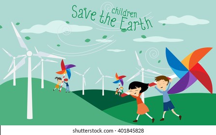 Save The Earth - Green Economy For Children - Illustration With Electric Windmill And Catherine Wheel For Kids