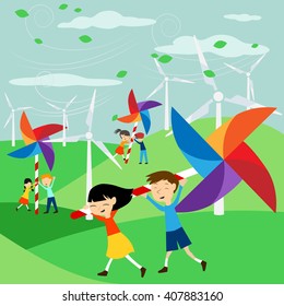 Save The Earth - Green Energy For Children - Illustration With Electric Windmill And Pinwheel For Kids