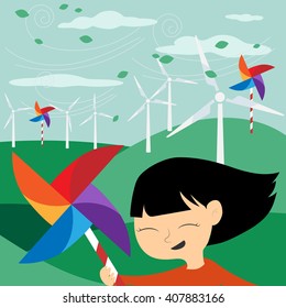 Save the Earth - Green energy for children - Illustration with electric windmill and pinwheel for kids