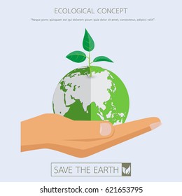 Save the earth.Eco green sapling.Green earth concept design.With flat hand Vector illustration.Earth day concept.