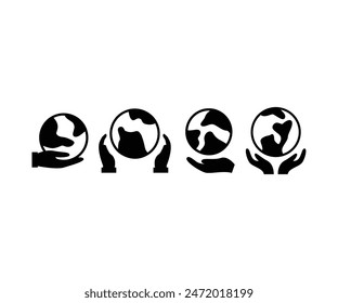 save earth with hand care icons symbol vector design simple black white illustration collections sets isolated
