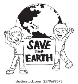 Save Earth hand drawn vector illustration in doodle style. Smiling boys with a poster.