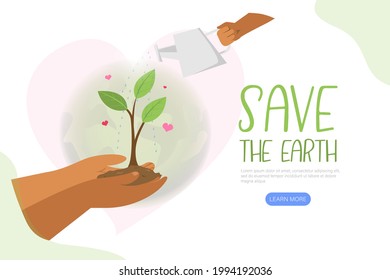 Save the earth. Hand holding Green planet with Watering can. Environment Concept. Vector flat illustration