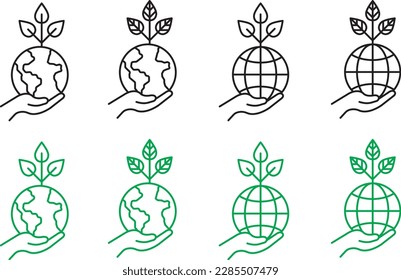 save the earth hand holding planet growing plant logo symbol line icon set Environment related nature recycle outline vector sign collection green illustration graphic design	