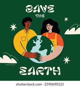 Save the earth. Happy international earth day 22 april social media design concept with people hugs the planet vector illustration in cartoon groovy funky style