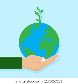 Save the earth, hold hands on the earth, concept of environmental awareness, flat design vector illustration