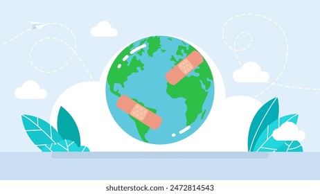 Guardar la tierra. El Planeta Tierra está sufriendo. El mundo herido se siente enfermo y dañado después de un desastre de salud ambiental. Planeta con parches y vendas. Ilustración vectorial.