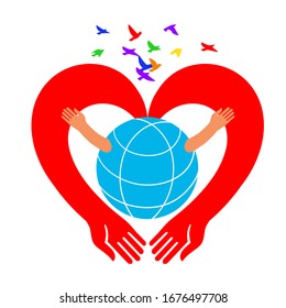 Save the Earth icon. Hands in the form of a heart hug the globe.