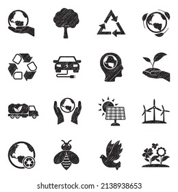 Save Earth Icons. Black Scribble Design. Vector Illustration.