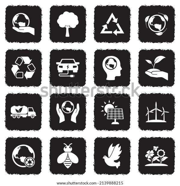 Save Earth Icons. Grunge Black Flat Design.
Vector Illustration.