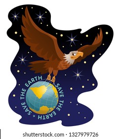 Save the Earth illustration. Flying eagle holds the globe against the background of the Universe. Vector. Elements is grouped and divided into layers. No transparent objects.