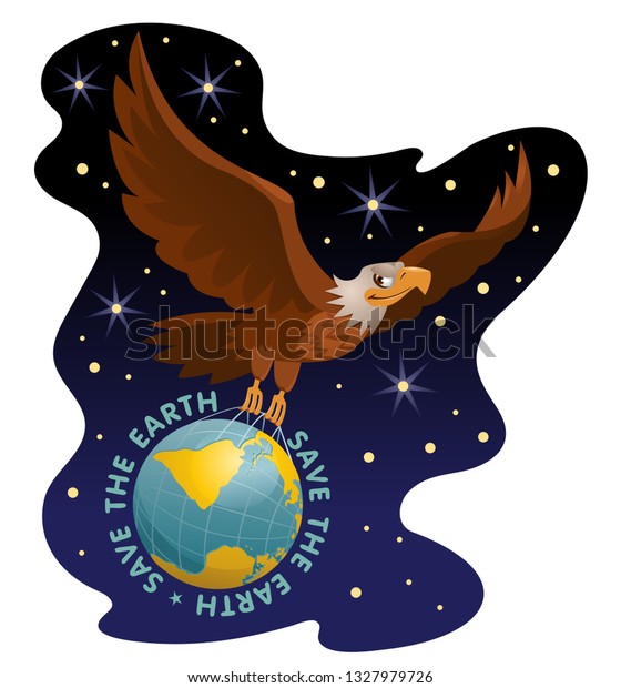 Save the Earth\
illustration. Flying eagle holds the globe against the background\
of the Universe. Vector. Elements is grouped and divided into\
layers. No transparent\
objects.