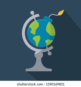 Save The Earth Isolated. Global Warming Concept. Explotion Planet Creative. Globe Round Bomb Vector Flat Design Symbol Cartoon. Exploding Humanity Or Explosive Around World Icon. Violance & Terror Art