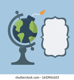 Save The Earth Isolated. Global Warming Concept. Explotion Planet Creative. Globe Round Bomb Vector Flat Design Symbol Cartoon. Exploding Humanity Or Explosive Around World Icon. Violance & Terror Art