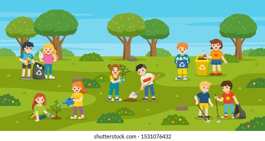 Save Earth. Kids planted and watering young trees, gathering garbage and plastic waste for recycling.Template for advertising brochure.