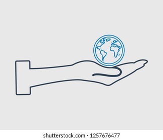 Save the earth line icon .Globe sybol on hand