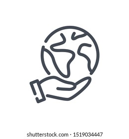 Save Earth Line Icon. Globe In Hand Vector Outline Sign.