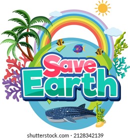 Diseño del logo Save Earth con la Tierra del océano en ilustración de estilo caricatura