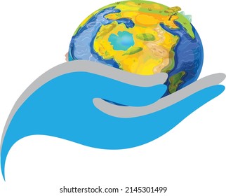 save earth logo design template. save globe logo vector icon, Happy earth day. Hands holding globe, earth. Earth day concept. Modern flat style illustration, 