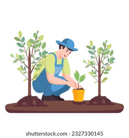 Save the Earth, Man Planting a Tree in Flat Style Cartoon Illustration Vector. Earth and Environment Day.