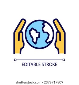 Save Earth pixel perfect RGB color icon. Planet protection. Sustainable world. Eco-friendly society. Isolated vector illustration. Simple filled line drawing. Editable stroke. Arial font used