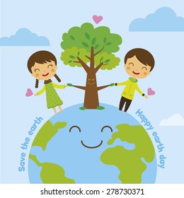 save the earth, save the planet, cartoon kids boy girl, save world, ecology concept