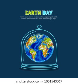 Save Earth planet concept. Vector doodle hand drawn illustration of Earth under glass dome. Environmental, ecology, nature protection.